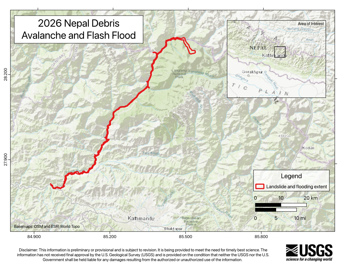 Nepal tunnel rescue map showing the 2026 debris avalanche and flash flood corridor