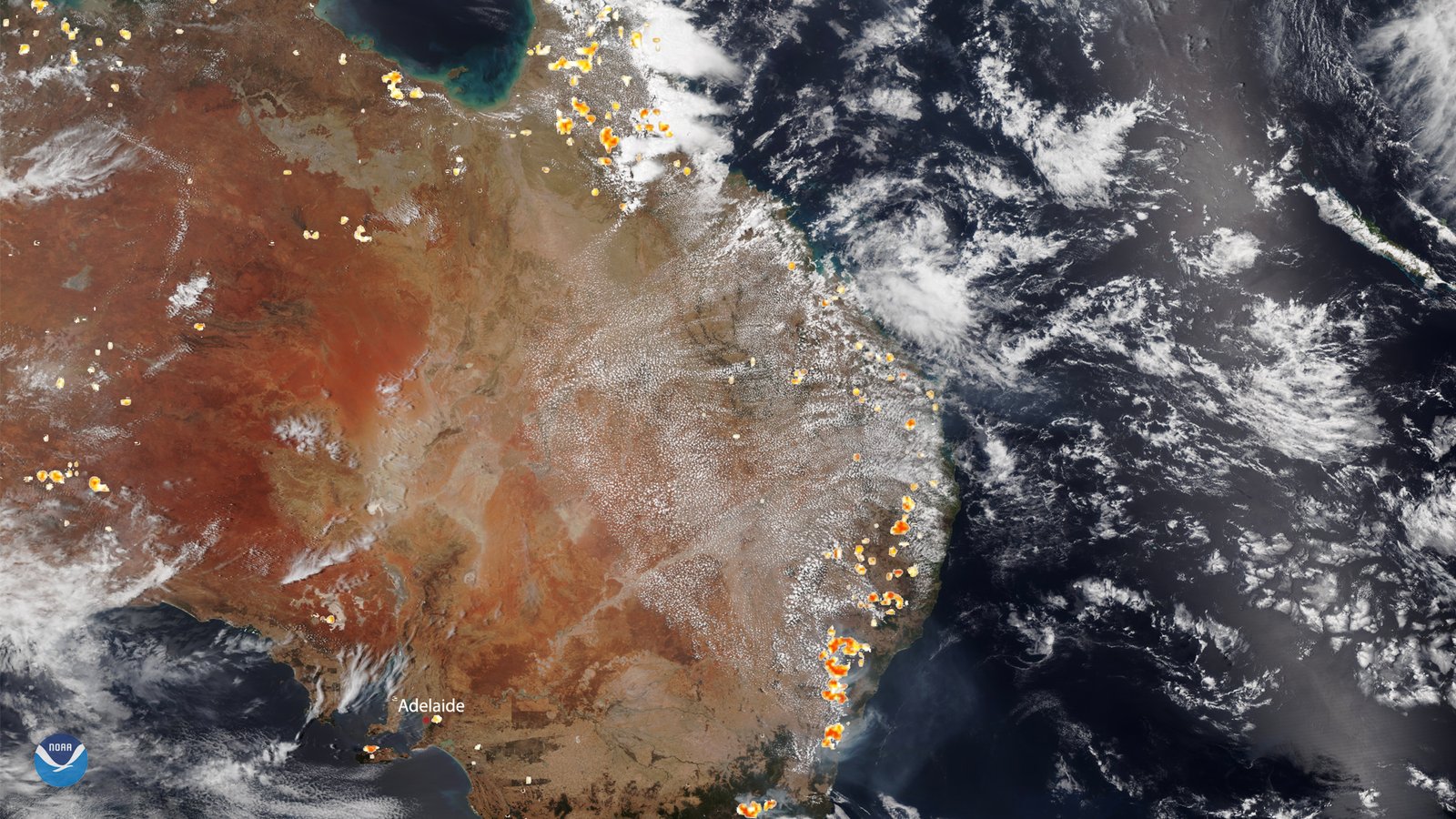 NOAA satellite image of smoke from bushfires across southeastern Australia in December 2019