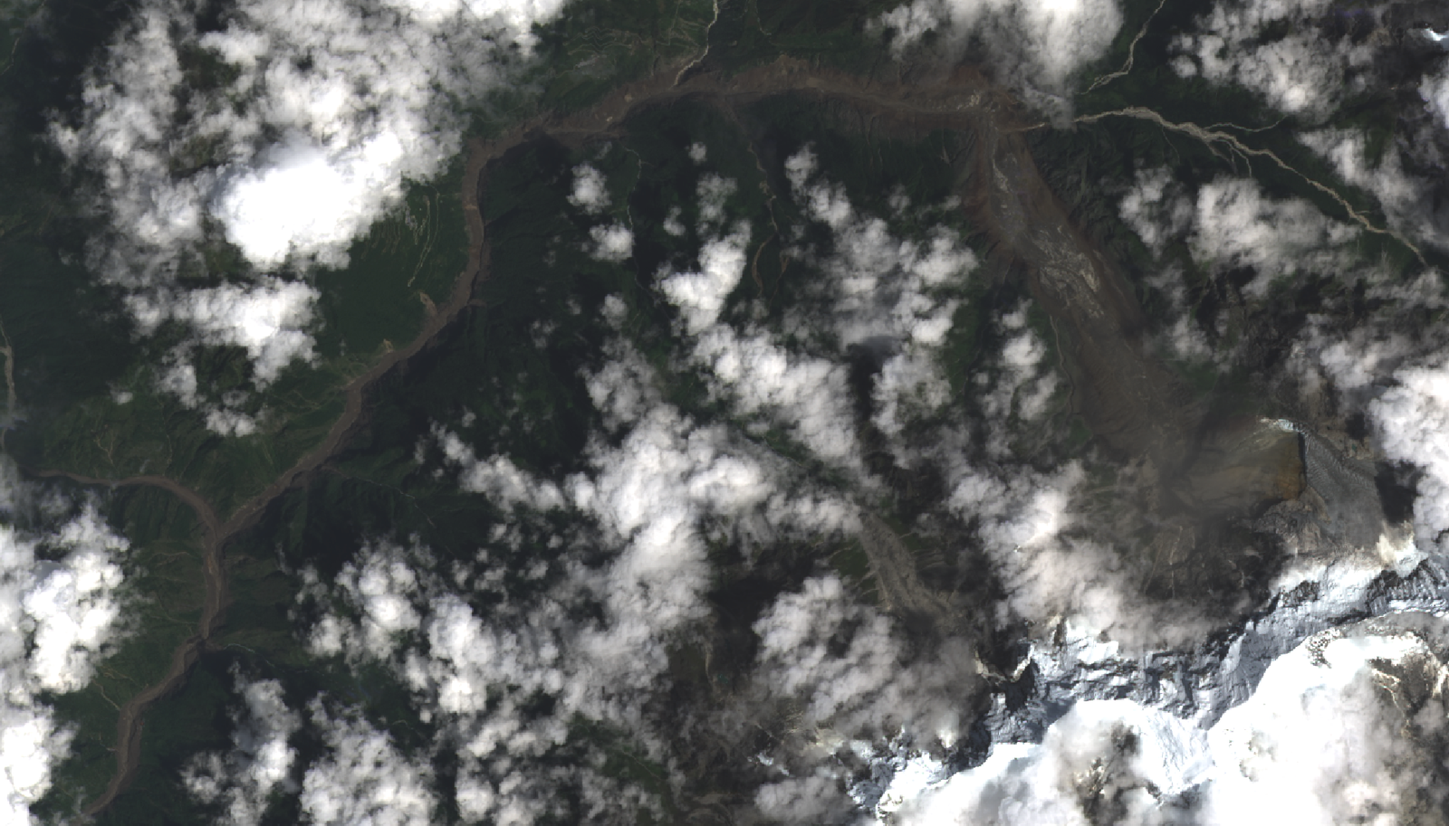 Satellite image showing the aftermath of the 2026 China-Nepal flood around Rasuwa and Gyirong