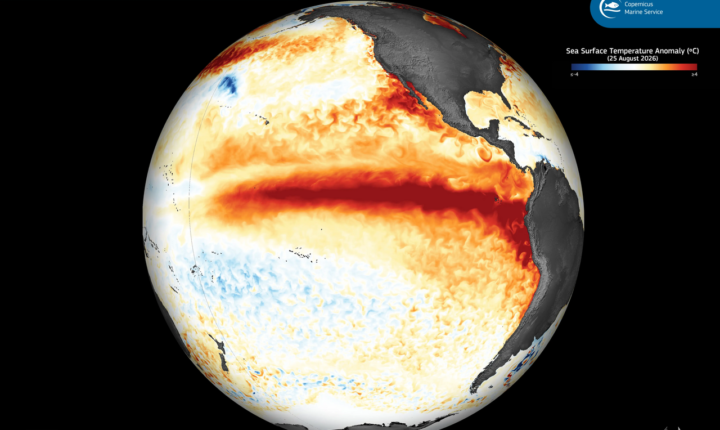 Sea-surface temperature anomaly map showing El Niño warming across the equatorial Pacific on 25 August 2026