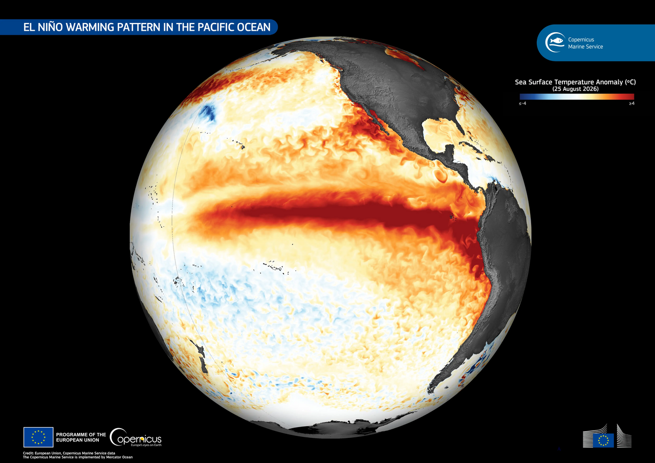 Sea-surface temperature anomaly map showing El Niño warming across the equatorial Pacific on 25 August 2026