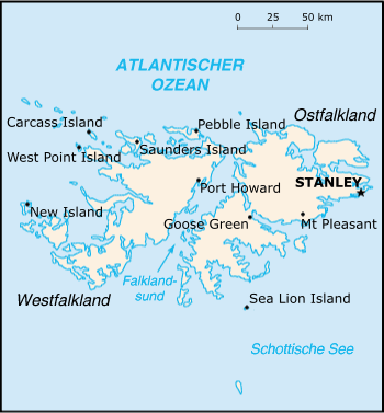Map showing the Falkland Islands in the South Atlantic Ocean