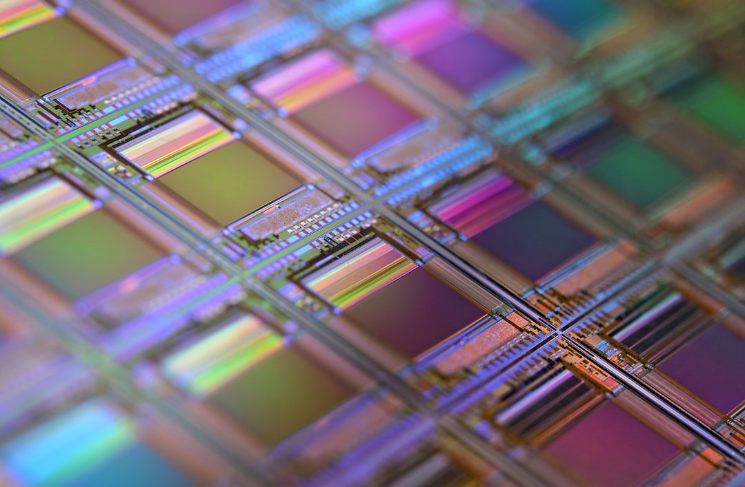 Close-up of a silicon wafer containing rows of semiconductor chips