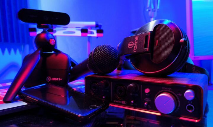Audio mixer and streaming equipment on a desk, illustrating the tools behind Twitch livestream clips.