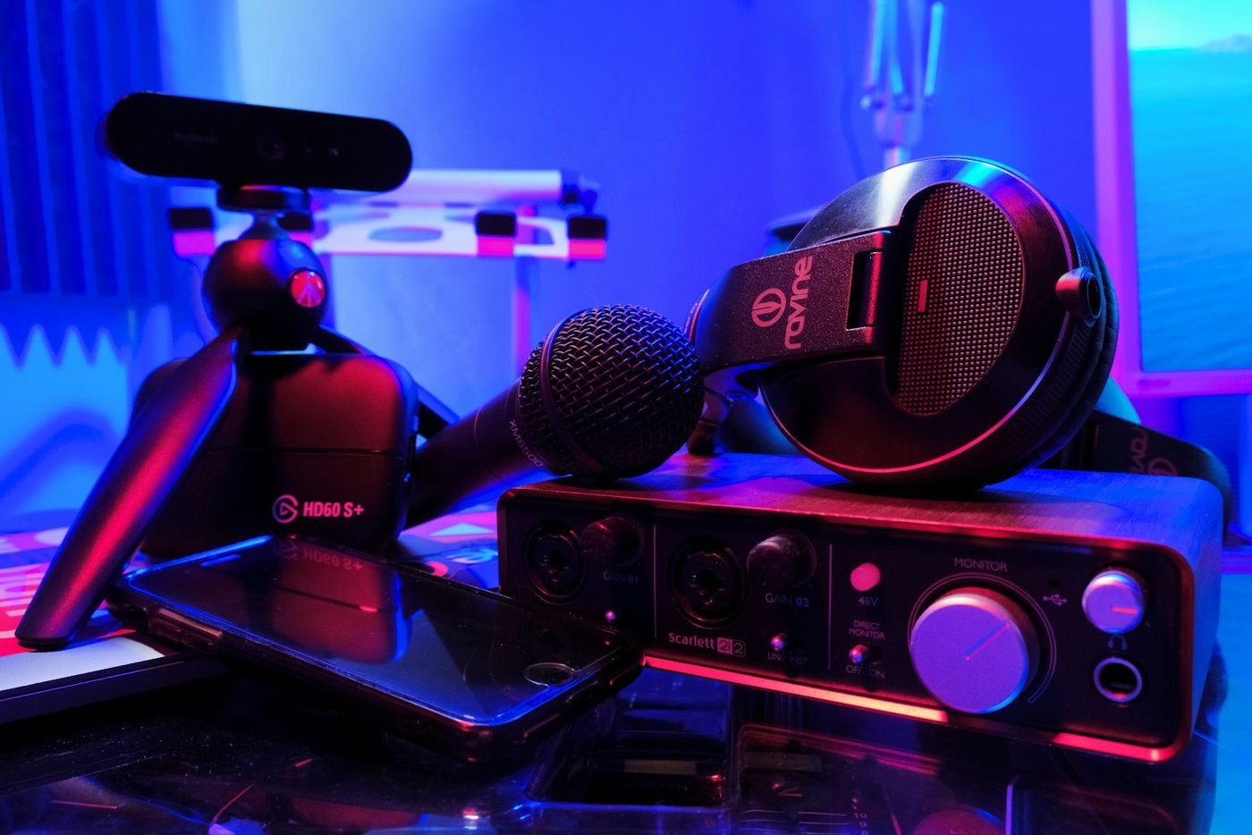 Audio mixer and streaming equipment on a desk, illustrating the tools behind Twitch livestream clips.