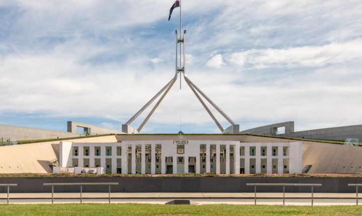 Australian Parliament House in Canberra seen across water on October 20, 2019
