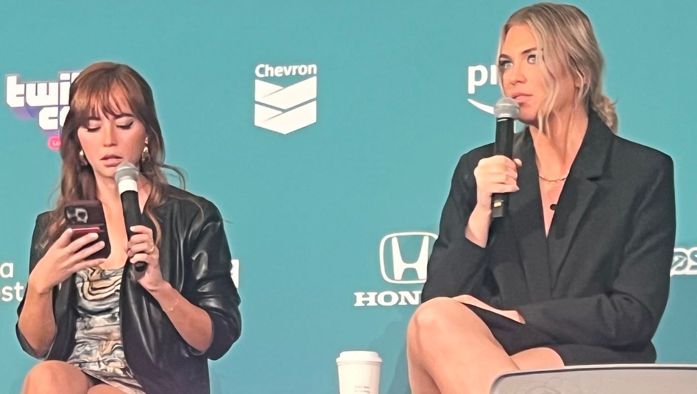 QTCinderella and Maya Higa speaking at a TwitchCon panel in Las Vegas in 2023