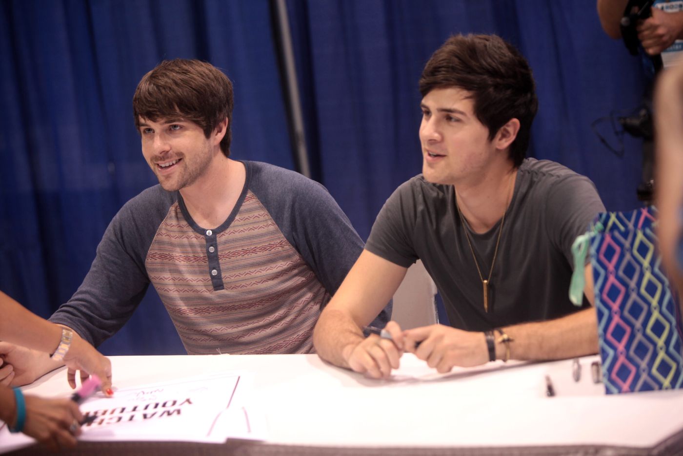 Smosh founders Ian Hecox, left, and Anthony Padilla speaking at VidCon on June 26, 2014