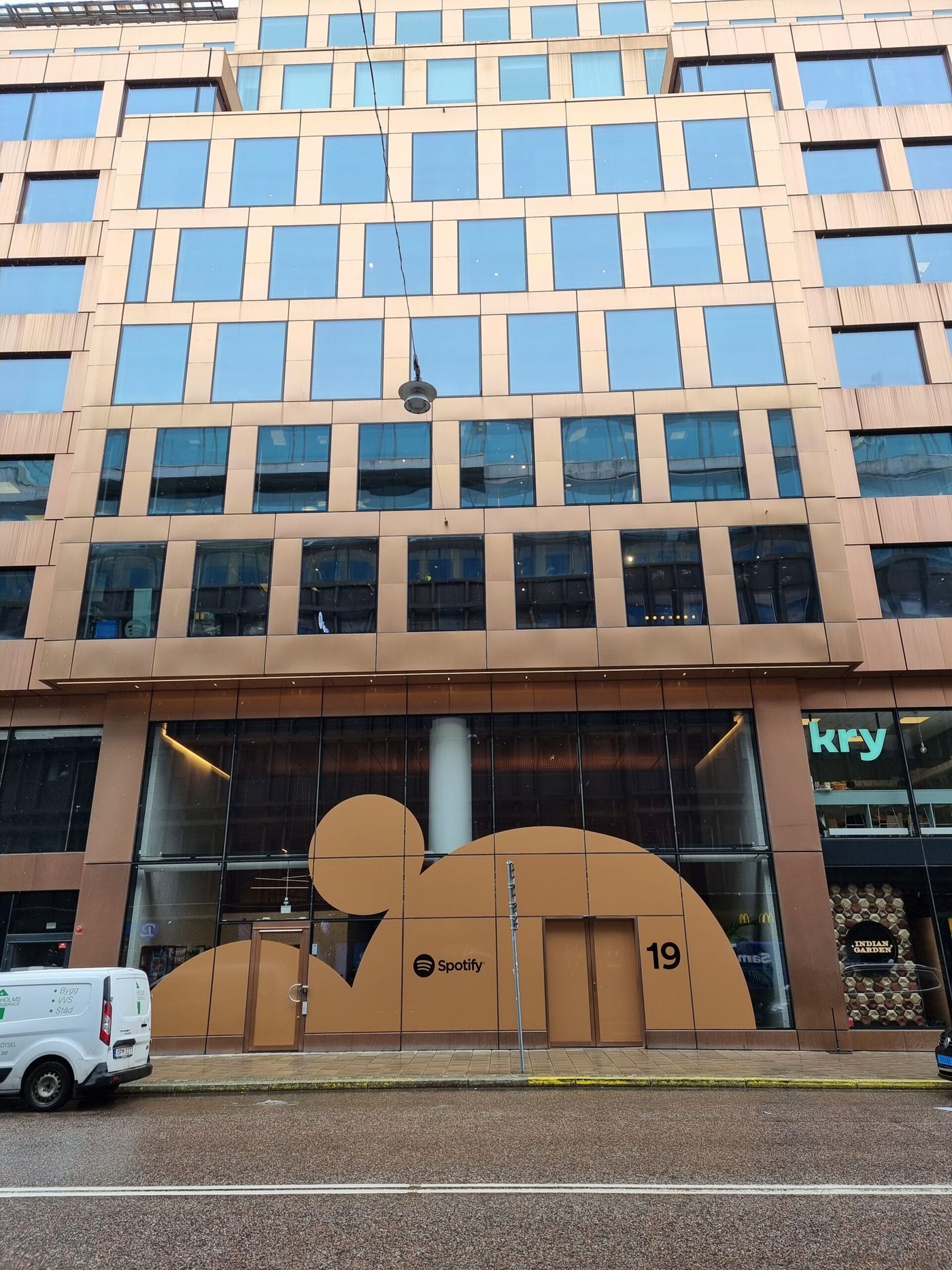 Spotify sign outside its Stockholm headquarters, photographed April 5, 2024