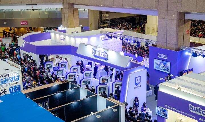Overhead view of the Twitch booth and visitors at Taipei Game Show in January 2017