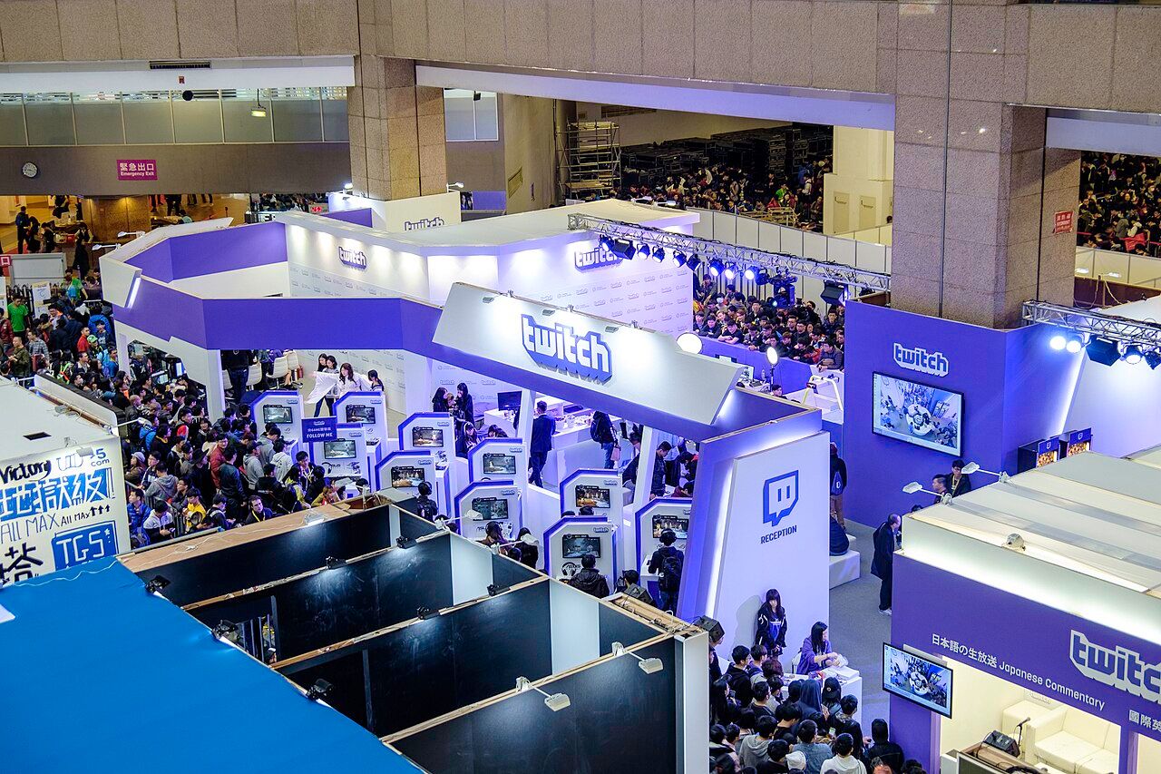 Overhead view of the Twitch booth and visitors at Taipei Game Show in January 2017