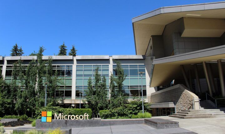 Microsoft logo sign outside Building 92 at the company's headquarters campus in Redmond, Washington