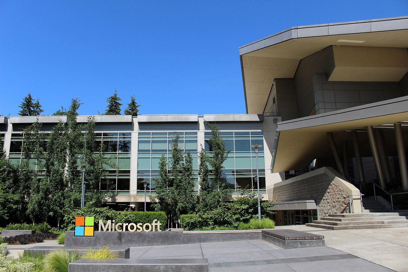 Microsoft logo sign outside Building 92 at the company's headquarters campus in Redmond, Washington