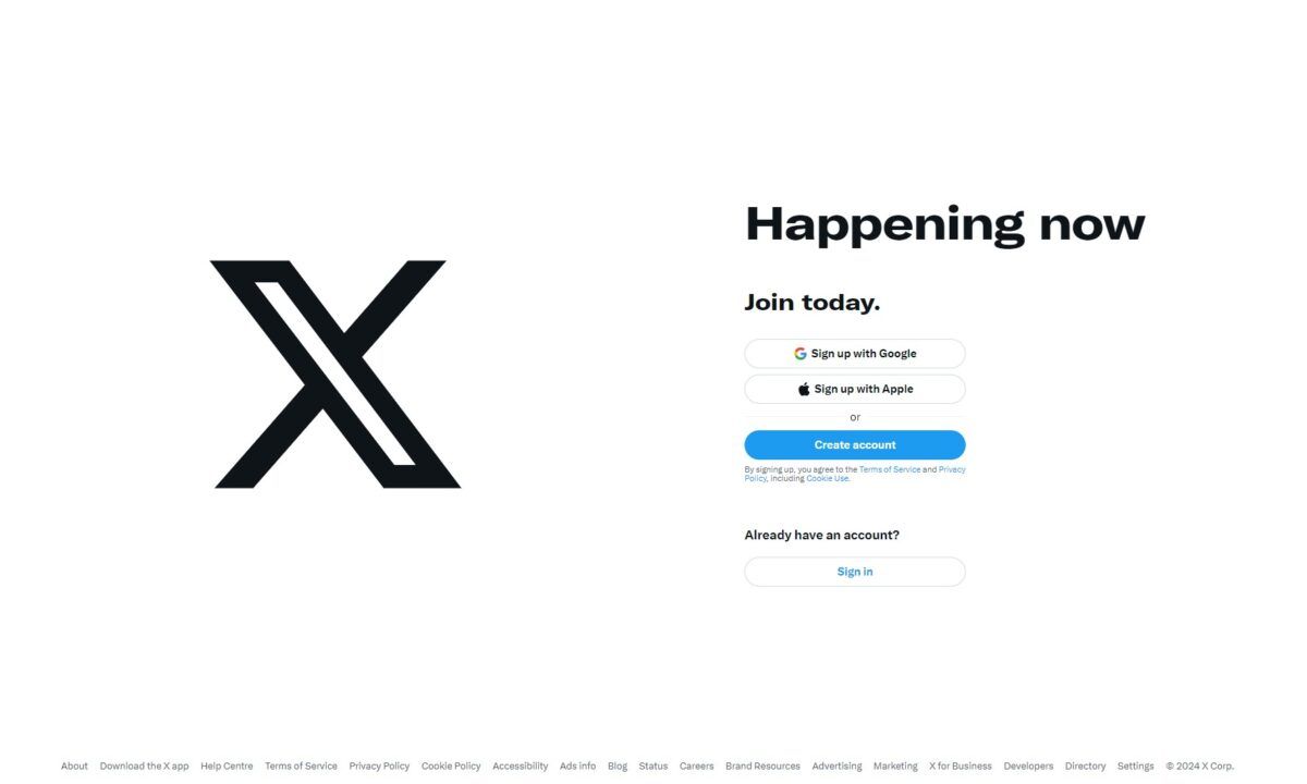 X logo on the X sign-up page, the platform launching photo resharing