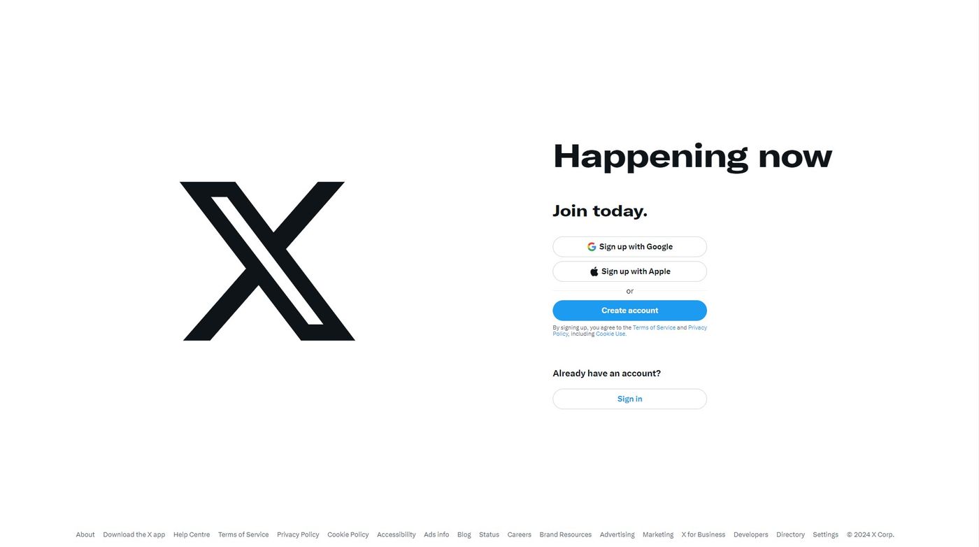 X logo on the X sign-up page, the platform launching photo resharing